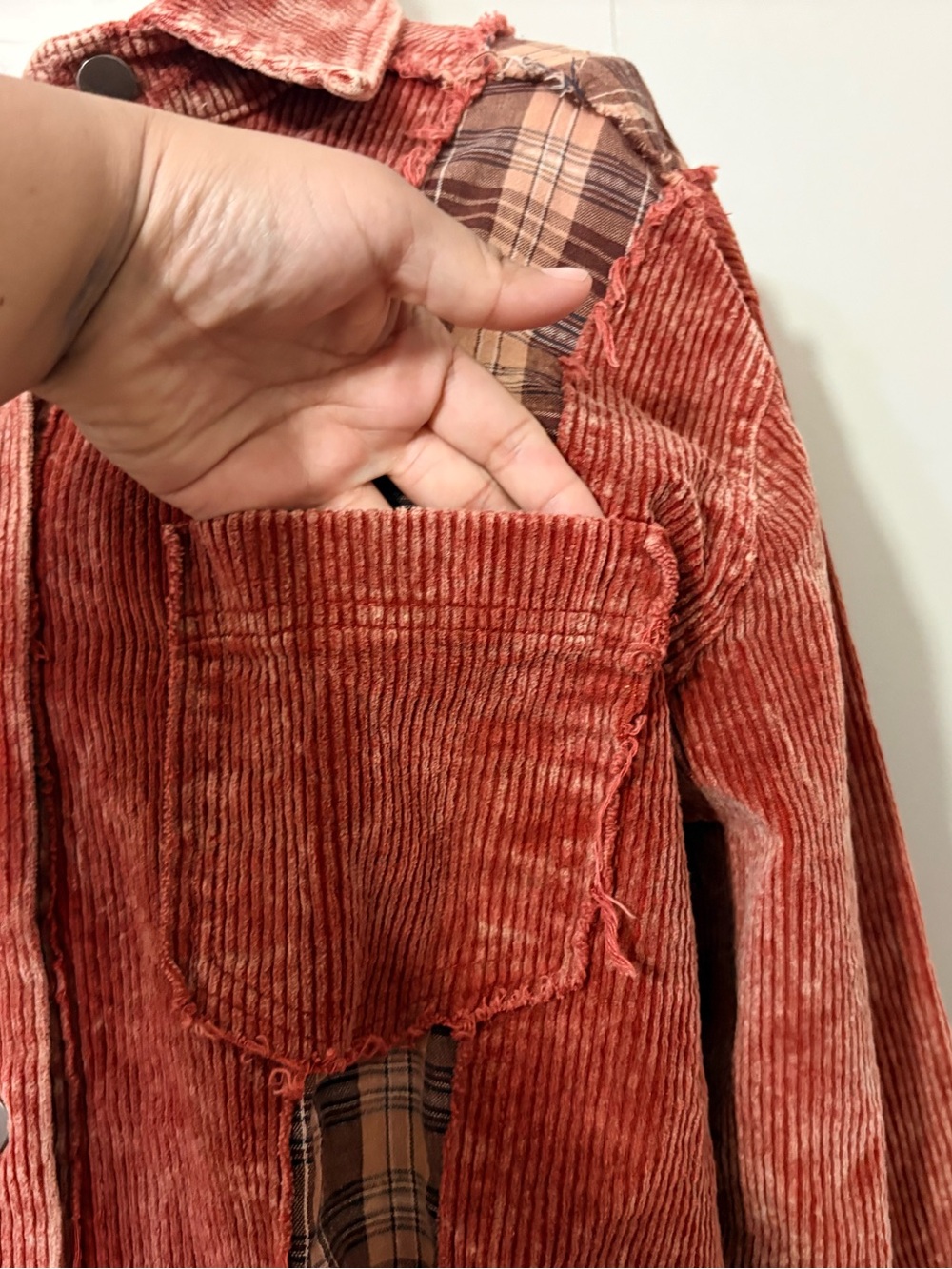 POL Patchwork Corduroy Plaid Shacket Rust Brown Jacket Size L YWJ3 - Picture 6 of 15